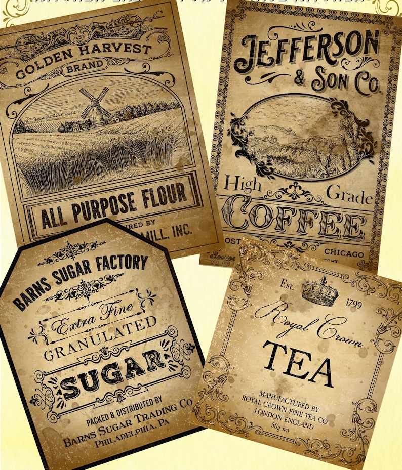 Vintage Kitchen label for vintage kitchen decor primitive farmhouse printable pantry jar label Coffee flour sugar tea jar primitive kitchen