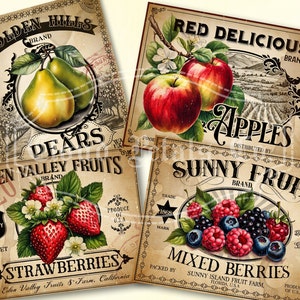 Etiquetas de frutas de cocina vintage, etiquetas imprimibles para conservas de mermelada, decoración de cocina rústica, manzana, fresas, frutos rojos, descarga digital