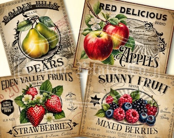 Op de afbeelding: Vintage fruitlabels met illustraties van peren, appels, aardbeien en gemengde bessen. De labels bevatten tekst zoals "Golden Hills Brand", "Red Delicious Apples", "Eden Valley Fruits" en "Sunny Fruit Brand". De labels hebben een rustieke, verouderde uitstraling.