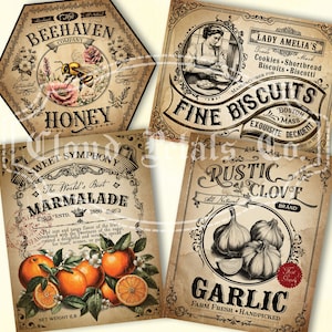 Etiquetas de cocina vintage, etiquetas imprimibles, decoración rústica de granja, manualidades DIY, miel, galletas, mermelada, ajo, descarga digital