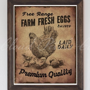 Signe de poulet d'oeufs frais de ferme primitive imprimable, art mural de cuisine vintage, décor de ferme, transfert d'image de coq, téléchargement numérique