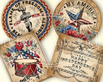 Vintage 4th of July Labels, Patriotic Americana, USA Flag (Digital Download)