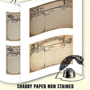 May include: Vintage blank recipe cards with a shabby paper design. The cards are 6"x4" and feature space for ingredients, directions, and servings. The image includes a quill and inkwell, and the text "Cloud Petals Co."
