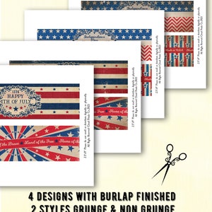 Puede incluir: Etiquetas vintage patri&oacute;ticas envolventes con acabado de arpillera, con dise&ntilde;os rojos, blancos y azules. Las etiquetas incluyen texto como "Happy 4th of July". Cada etiqueta mide 6,35 cm x 22,86 cm.