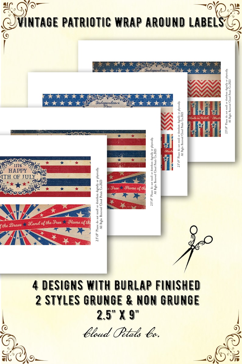 Puede incluir: Etiquetas vintage patri&oacute;ticas envolventes con acabado de arpillera, con dise&ntilde;os rojos, blancos y azules. Las etiquetas incluyen texto como "Happy 4th of July". Cada etiqueta mide 6,35 cm x 22,86 cm.