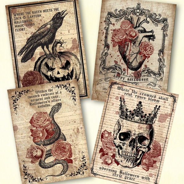 Vintage Gothic Halloween Printable, Skull with crown, rose, Jack O lantern, snake, decor, labels for jars, 5x7 print, digital download