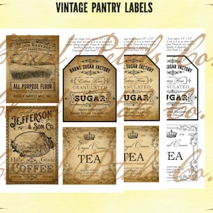 May include: A collection of vintage pantry labels with text including "Golden Harvest Flour", "Sugar Factory", "Jefferson & Son Co. Coffee", and "Royal Crown Tea". The labels have a sepia tone and ornate borders, evoking a classic aesthetic.