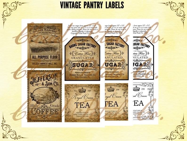 May include: A collection of vintage pantry labels with text including "Golden Harvest Flour", "Sugar Factory", "Jefferson & Son Co. Coffee", and "Royal Crown Tea". The labels have a sepia tone and ornate borders, evoking a classic aesthetic.