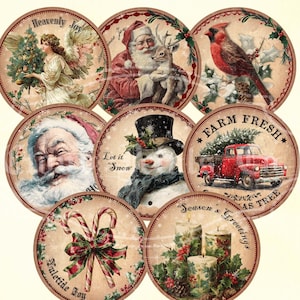 Runda vintage juletiketter, utskrivbara juldekorationer (digital nedladdning)