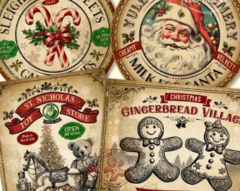 May include: Vintage Christmas-themed prints featuring festive designs. Includes a round sign with candy canes and text, a Santa Claus image, a St. Nicholas Toy Store sign, and a Gingerbread Village sign. The prints have a distressed, antique look.
