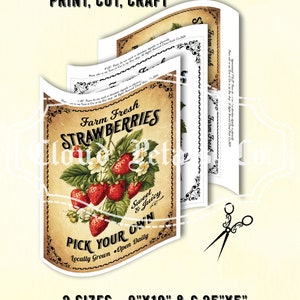 May include: A vintage strawberry sign with the text "Print, Cut, Craft." The design features a vintage strawberry illustration with the text "Farm Fresh Strawberries." Available in sizes 20.3cm x 25.4cm and 15.9cm x 12.7cm.