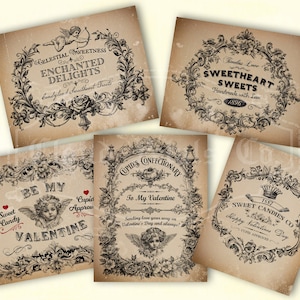 étiquettes vintage de Saint-Valentin de style français, décoration imprimable de la Saint-Valentin victorienne, Cupidon, bricolage de la Saint-Valentin, téléchargement numérique