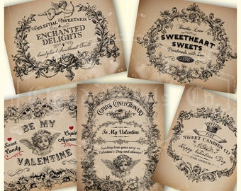 Etiquetas vintage francesas de Cupido para San Valentín, imprimibles (descarga digital)