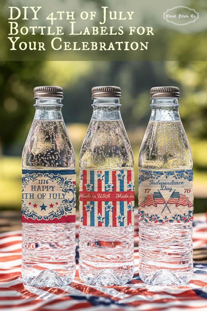 Puede incluir: Tres botellas de vidrio transparente con tapas de metal marr&oacute;n y agua en su interior. Cada botella tiene una etiqueta decorativa con tem&aacute;tica patri&oacute;tica, incluyendo el texto "DIY 4th of July Bottle Labels for Your Celebration". Las etiquetas presentan dise&ntilde;os rojos, blancos y azules.