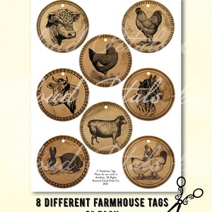 Farmhouse Tags, Printable Rustic Round Tags, Farm Animals Prints ...