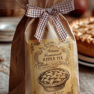May include: A brown paper bag tied with a checkered ribbon, labeled "Autumn Homemade Apple Pie." The label features a pie illustration and text, with the words "Add Cozy Charm to Your Fall Pantry" at the top.