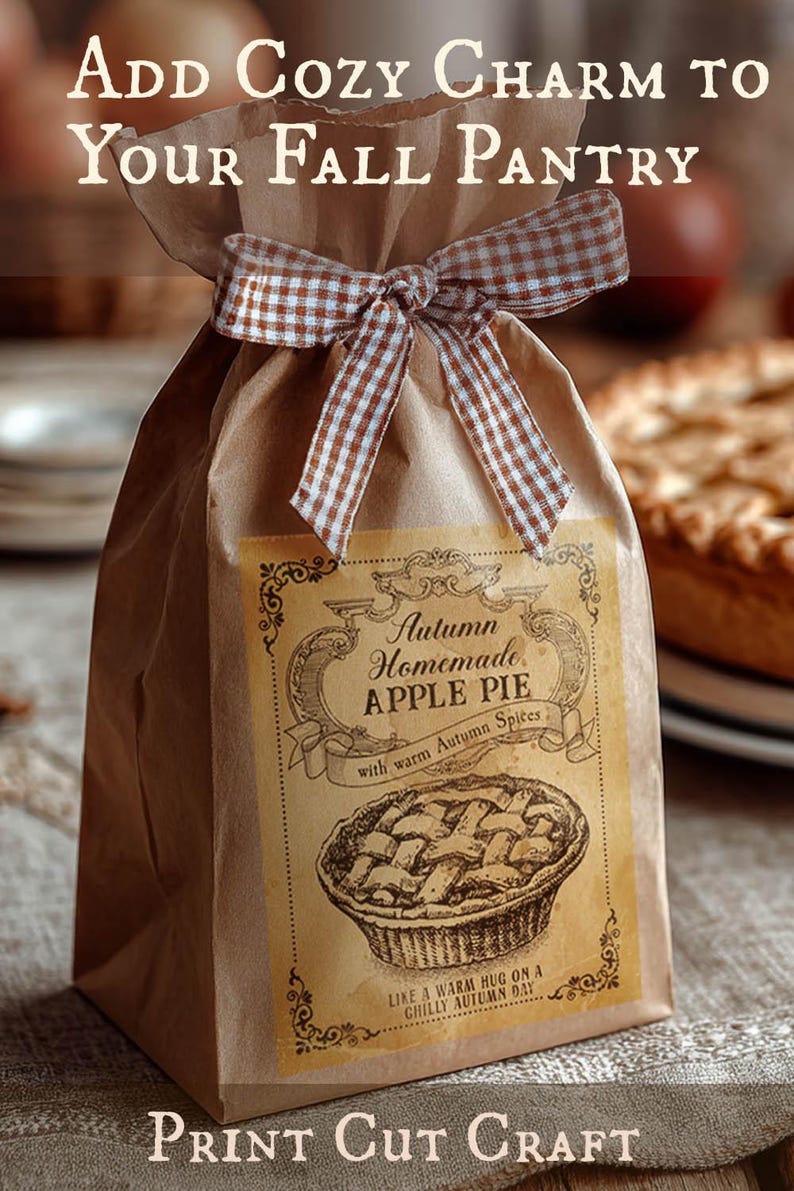 May include: A brown paper bag tied with a checkered ribbon, labeled "Autumn Homemade Apple Pie." The label features a pie illustration and text, with the words "Add Cozy Charm to Your Fall Pantry" at the top.