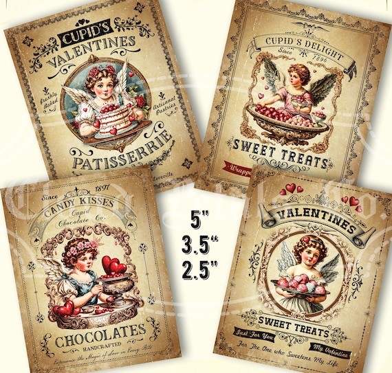 Vintage Cupid Valentine Labels, Sweet Treats Decor (Digital Download)