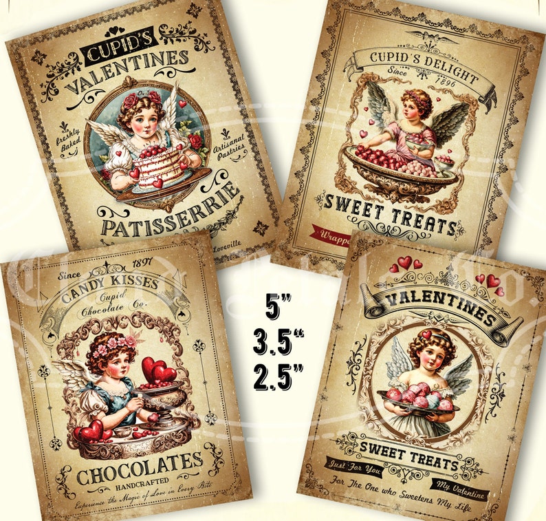 Vintage Valentines Sweet Treat labels, Printable Valentine Tags, Cupid decors, Victorian Valentines DIY craft, digital download