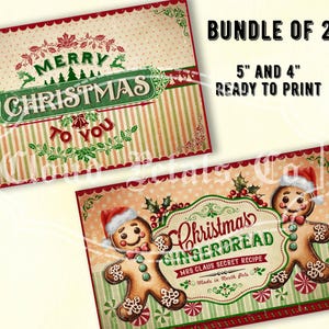 Pode incluir: Dois cartões imprimíveis com tema natalino. Um cartão apresenta o texto "Merry Christmas To You" em verde e vermelho. O outro cartão tem um homem de gengibre e o texto "Christmas Gingerbread". Os cartões têm 12,7 cm e 10,16 cm e estão prontos para imprimir.