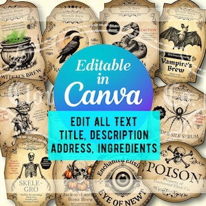 Etichette di Halloween modificabili, modello Canva, etichette personalizzate, etichette per maghi e farmacisti, decorazioni fai da te per Halloween, download immediato