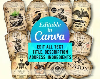 Etiquetas de boticario editables para Halloween, decoración de brujería DIY (plantilla de Canva)