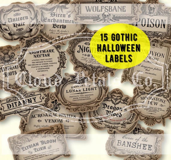 Gothic Halloween Potion Labels, printable Vintage Halloween labels, Wizard, Witch Kitchen decor, DIY Halloween, Apothecary, digital download