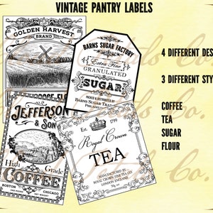 May include: A collection of vintage pantry labels in black and white. The labels include text such as "Golden Harvest Brand", "Sugar", "Coffee", and "Tea". The image also states "4 Different Designs" and "3 Different Styles".