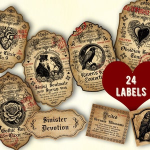 Gothic Valentines Liebestrank Etiketten, druckbare Vintage Valentines Potion Etiketten, Hexerei Dekor, Apothekerglas Etiketten, digitaler Download