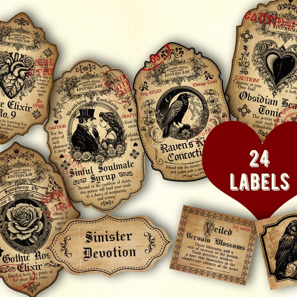 Etiquetas góticas de pociones de amor de San Valentín, etiquetas de pociones de San Valentín vintage imprimibles, decoración de brujería, etiquetas de frascos de boticario, descarga digital