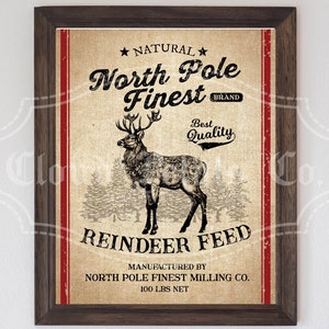 Letrero navideño vintage para alimentar renos, decoración navideña imprimible, saco de comida DIY, arpillera, Polo Norte, PNG, descarga digital