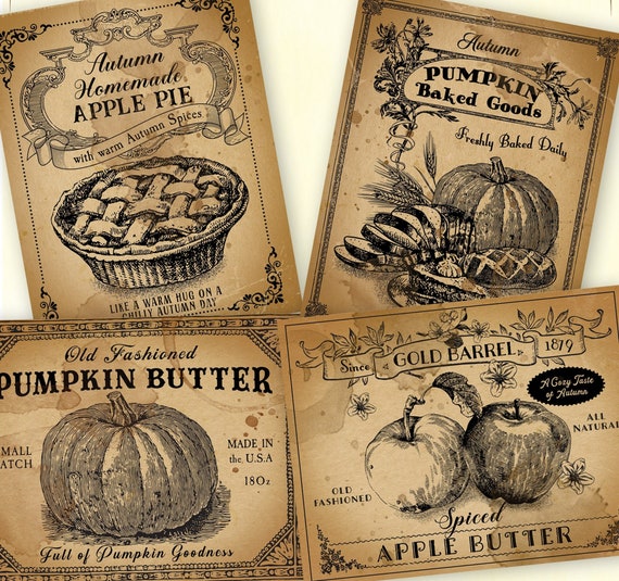 Vintage Fall Pantry labels, Thanksgiving Fall Autumn clipart graphics, pumpkin apple jar labels,  harvest decor art digital download