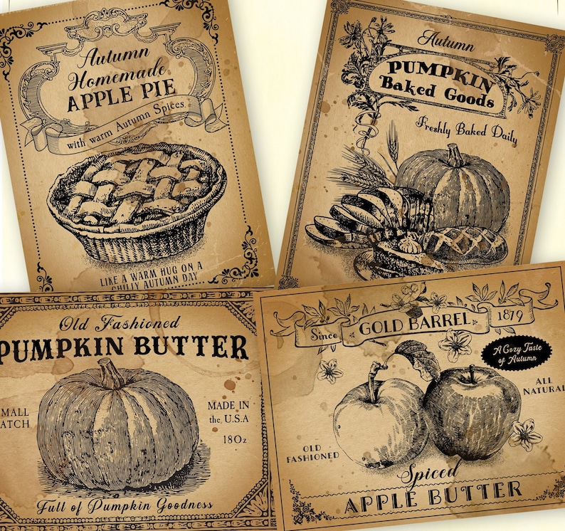 Vintage Fall Pantry labels, Thanksgiving Fall Autumn clipart graphics, pumpkin apple jar labels,  harvest decor art digital download