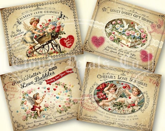 Etiquetas vintage victorianas de Cupido para San Valentín, etiquetas imprimibles (descarga digital)