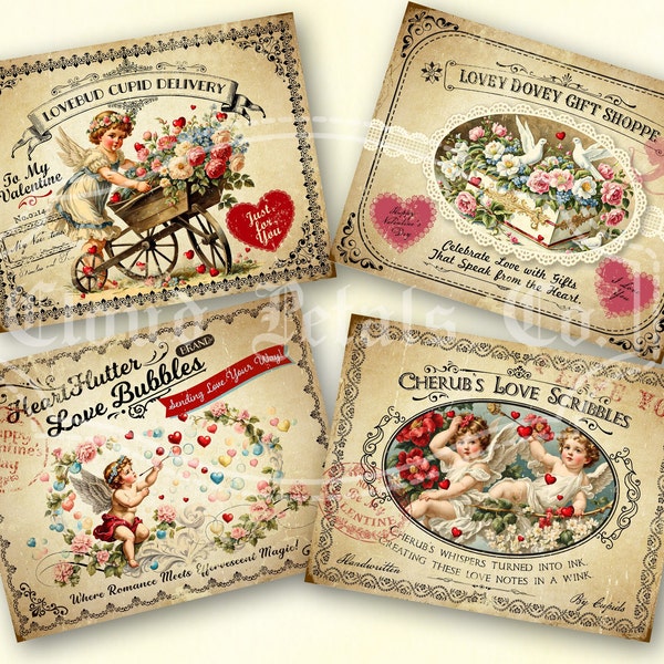 Vintage Victorian Style Valentines Day labels, Printable Valentines Tags, Cupid decor, Valentines DIY craft, digital download