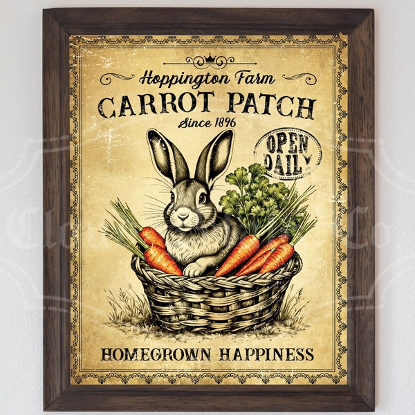 Vintage Easter Carrot Patch sign, printable Easter wall art decor, bunny carrot print, digital download, PNG