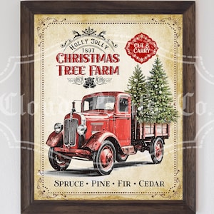 enseigne vintage de ferme de sapin de Noël, décoration murale de Noël imprimable, camion de Noël rouge, art du sapin, téléchargement numérique, PNG