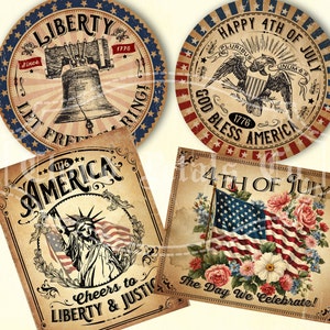 Etiquetas decorativas vintage para o 4 de julho, dia da independência primitivo para impressão, download patriótico, bandeira dos EUA, Estátua da Liberdade, americana, digital