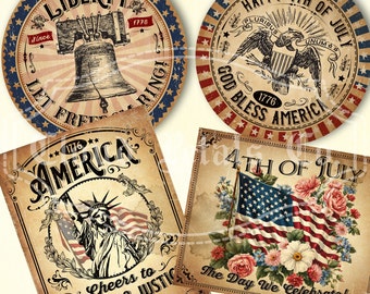 étiquettes décoratives vintage du 4 juillet, imprimables jour de l'indépendance primitive, téléchargement patriotique, drapeau des Etats-Unis, Statue de la liberté, américain, numérique