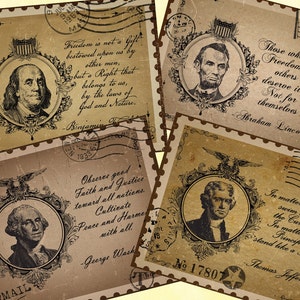 Może przedstawiać: Kartki pocztowe w stylu vintage z portretami Benjamina Franklina, Abrahama Lincolna, George'a Washingtona i Thomasa Jeffersona. Każda karta zawiera cytat, ozdobną obwódkę i znaczki pocztowe.