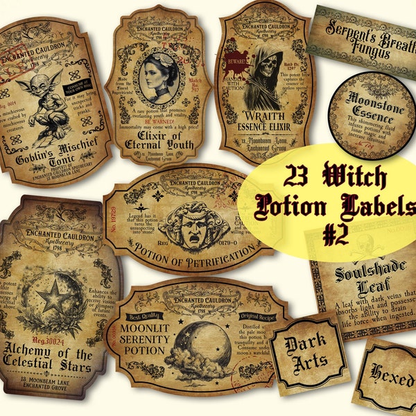 Vintage Halloween Witch Potion Label, Apothecary labels, Witchy decor, Witchcraft print, witch kitchen ingredients, digital download