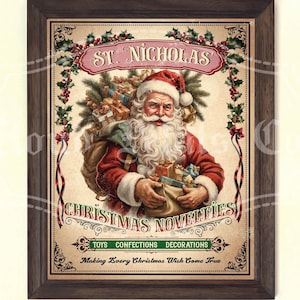 Imprimible vintage de Papá Noel navideño, arte mural de Papá Noel navideño, decoración navideña antigua, manualidad navideña de bricolaje, póster, descarga digital