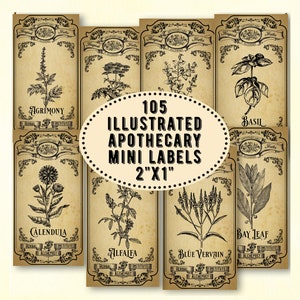 Op de afbeelding: Een verzameling vintage apothekerslabels met botanische illustraties. De labels, 5.08 cm x 2.54 cm groot, tonen kruiden als Agrimonia, Basilicum, Calendula en Alfalfa. Het ontwerp bevat de tekst "Vintage Witchcraft Apothecary Labels" en "105 Illustrated Apothecary Mini Labels".