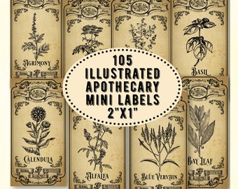 105 Vintage Apothecary Labels, Witchcraft Herbs, Mini Jar Labels (Digital Download)