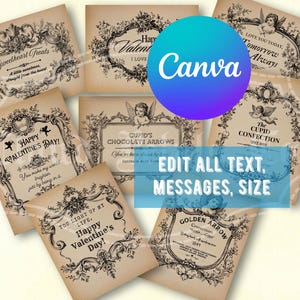 Vintage Französisch Valentine's Canva Template, bearbeitbare Etiketten, personalisierte Liebeskarten, DIY Valentines Craft, Cupid, digitaler Download