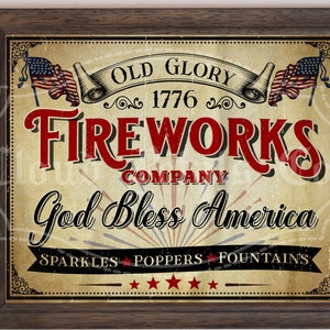 4. Juli Feuerwerk-Zeichen, druckbare Vierte Juli Dekor, Pathrino Americana Wandkunst, God Bless American, digitaler Download