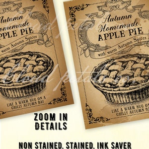 May include: Vintage-style printable featuring two cards with apple pie illustrations. The cards have the text "Autumn Homemade Apple Pie" and "with warm Autumn Spices." The cards are 3.5" x 4.5" and read "Like a warm hug on a chilly autumn day."