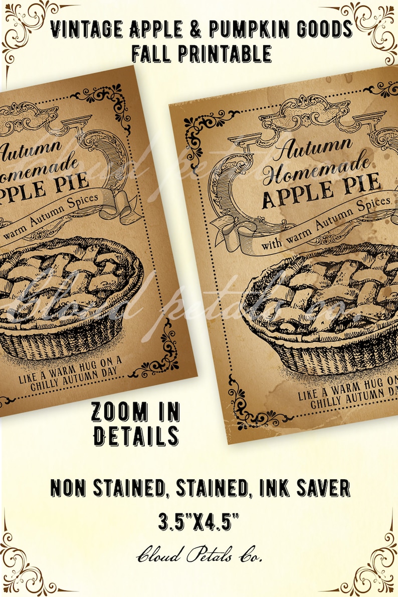 May include: Vintage-style printable featuring two cards with apple pie illustrations. The cards have the text "Autumn Homemade Apple Pie" and "with warm Autumn Spices." The cards are 3.5" x 4.5" and read "Like a warm hug on a chilly autumn day."