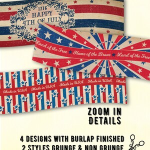 Puede incluir: Etiquetas vintage patri&oacute;ticas envolventes con un aspecto envejecido. Los dise&ntilde;os incluyen rayas y estrellas rojas, blancas y azules, con texto que dice "Happy 4th of July" y "Land of the Free, Home of the Brave". Cada etiqueta mide 6,35 cm x 22,86 cm.