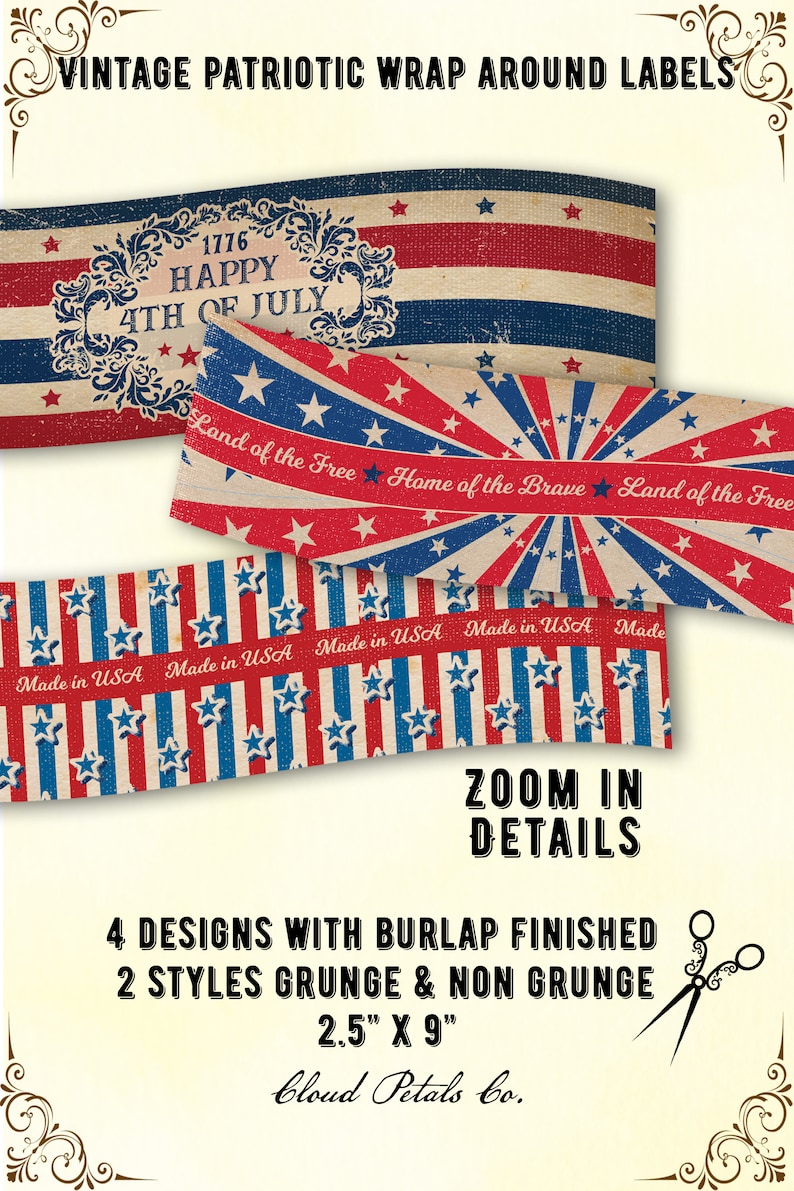 Puede incluir: Etiquetas vintage patri&oacute;ticas envolventes con un aspecto envejecido. Los dise&ntilde;os incluyen rayas y estrellas rojas, blancas y azules, con texto que dice "Happy 4th of July" y "Land of the Free, Home of the Brave". Cada etiqueta mide 6,35 cm x 22,86 cm.